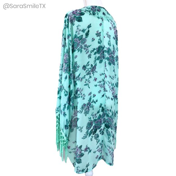 ENTRO Boho Mint Green Floral Print Tassel Fringe Midi Length Kimono - Picture 5 of 8